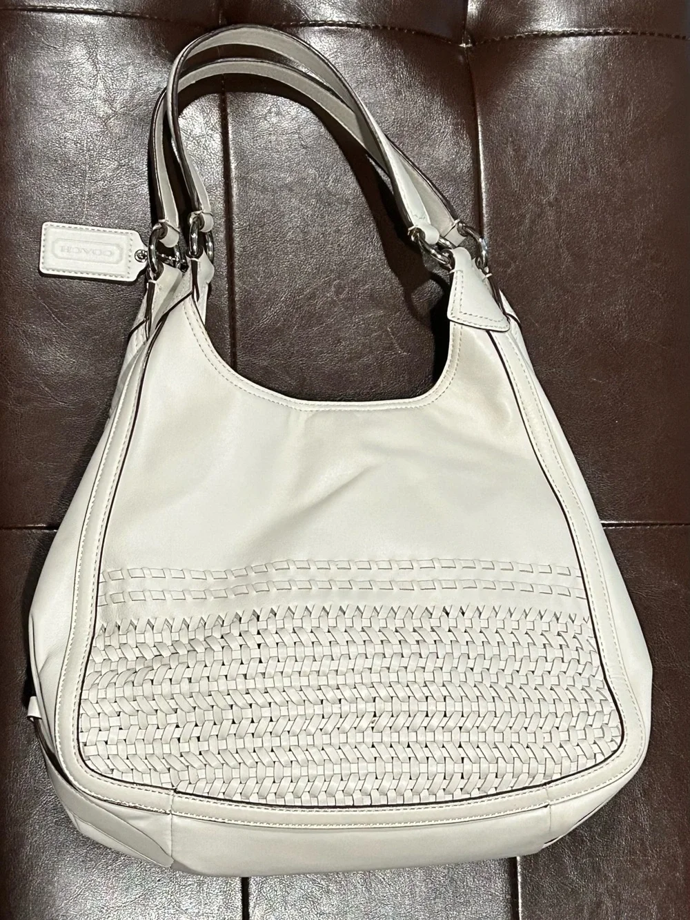 Coach Madison, Maggie, and winter white/parchment/Cream Woven Leather Hobo Bag-